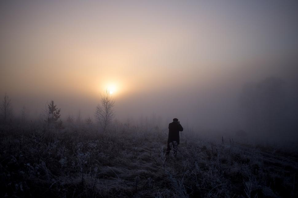 Free Image of Person Standing in Foggy Field With Sun in Distance 