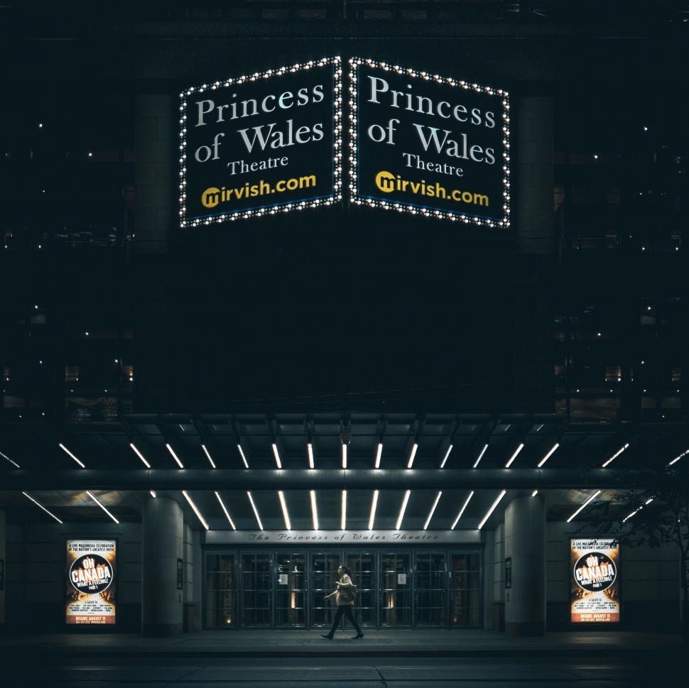 Free Image of The Entrance to the Princess of Wales Theatre at Night 