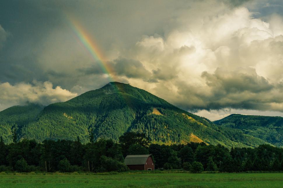 Free Image of Green Field With House and Rainbow 