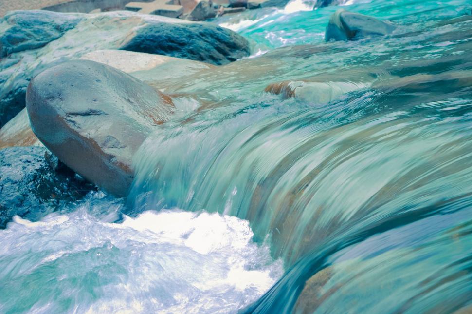 Free Image of Water Flowing Over Rocks Into River 