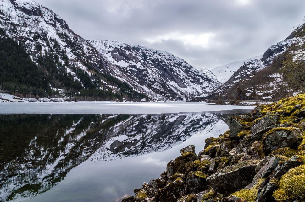 Free Image of Snow-Covered Mountains Surrounding Mountain Lake 