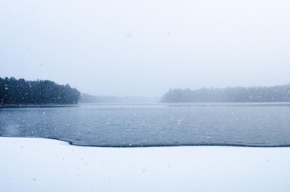 Free Image of Snow-Covered Body of Water Next to Forest 