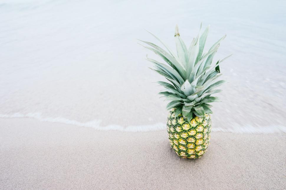 Free Image of Pineapple Resting on Sandy Beach 