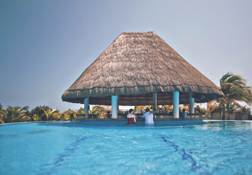 Free Image of Large Pool With Thatched Roof and Blue Water 