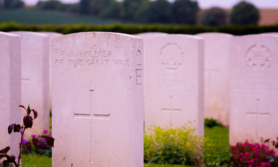 Free Image of Row of Headstones With Flowers in Foreground 