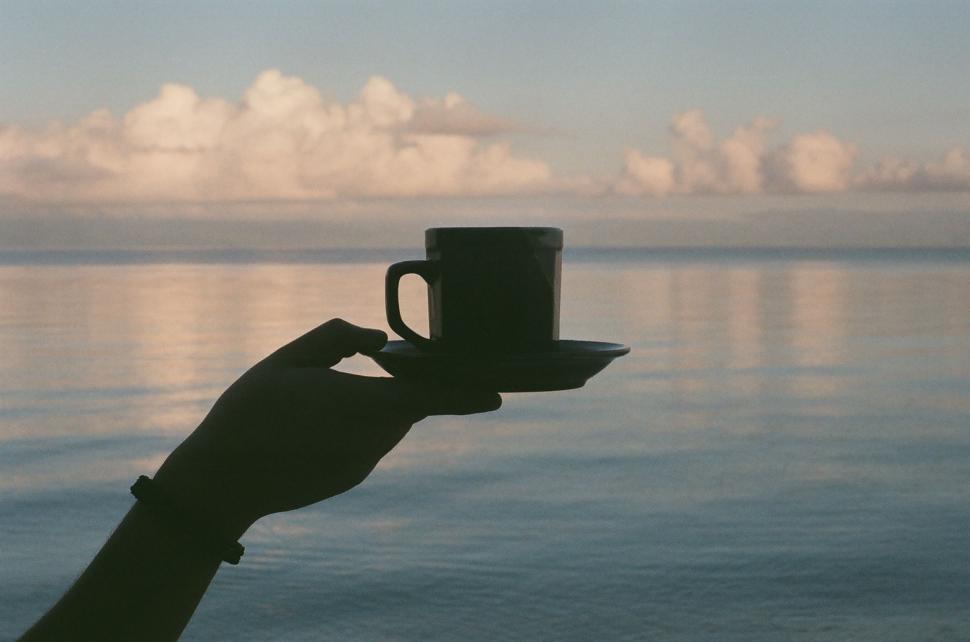 Free Image of Hand Holding Coffee Cup Over Water 