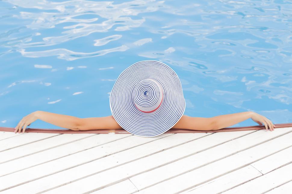 Free Image of Woman in Hat Sitting on Edge of Swimming Pool 