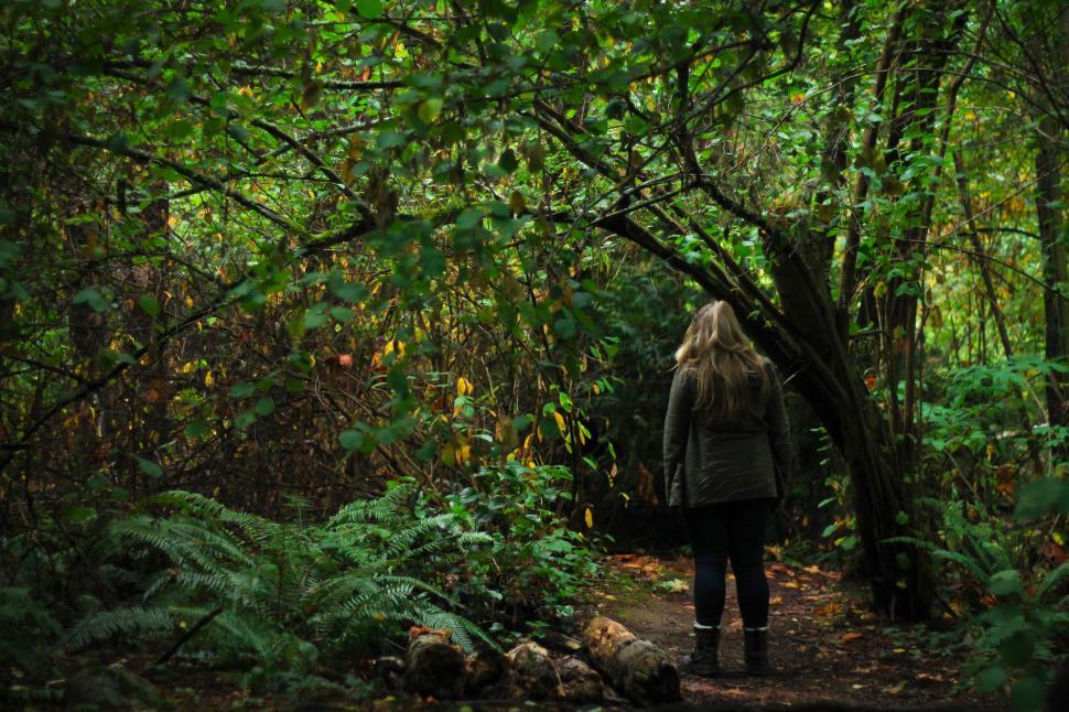 Free Image of Woman Walking Through Dense Forest 