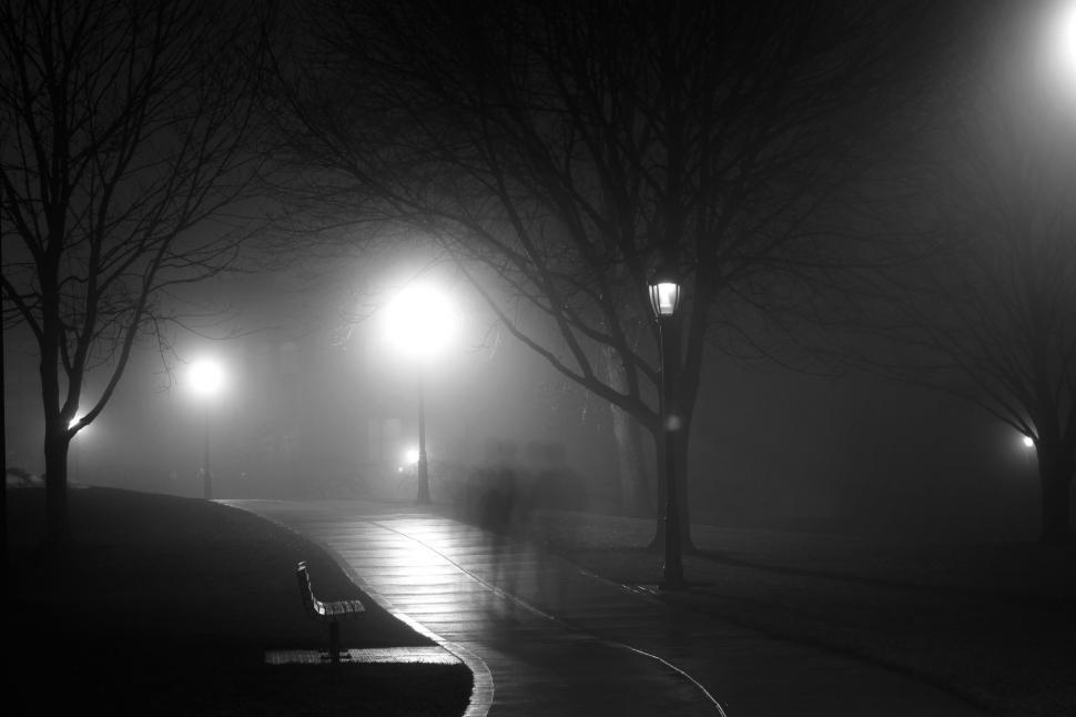 Free Image of Person Walking Down a Street in Night Fog 