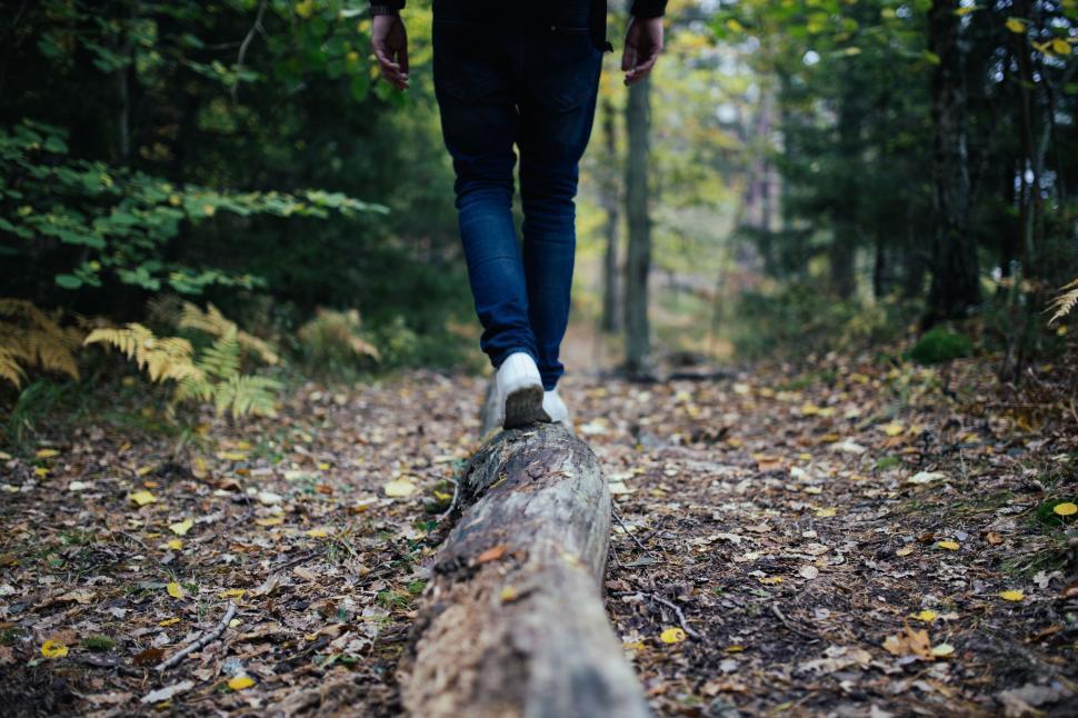 Free Image of Person Walking on Log in Woods 