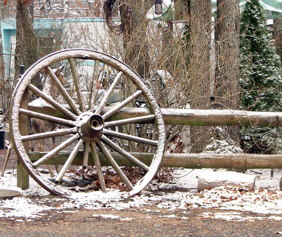 Free Image of wagon wheel leaning on fence 