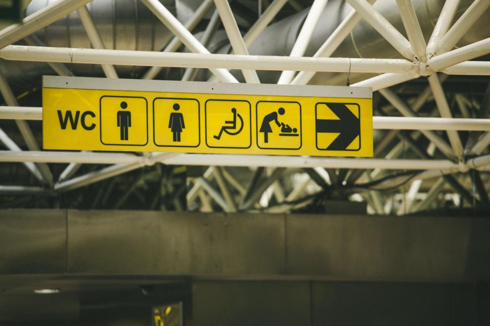 Free Image of Yellow and Black Sign Suspended From Ceiling 