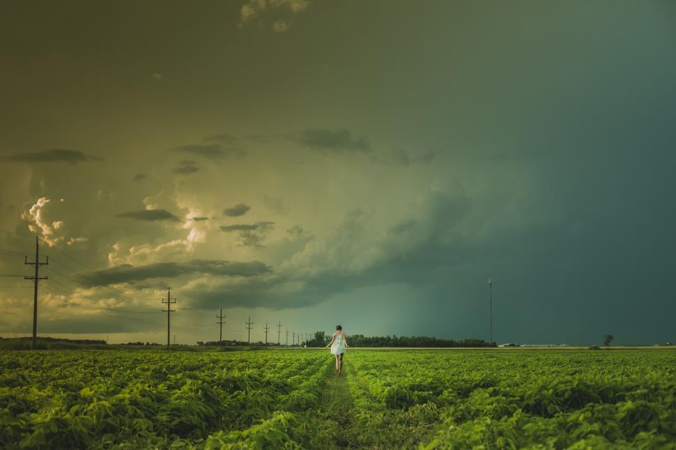 Free Image of Person Walking Through Field Under Cloudy Sky 