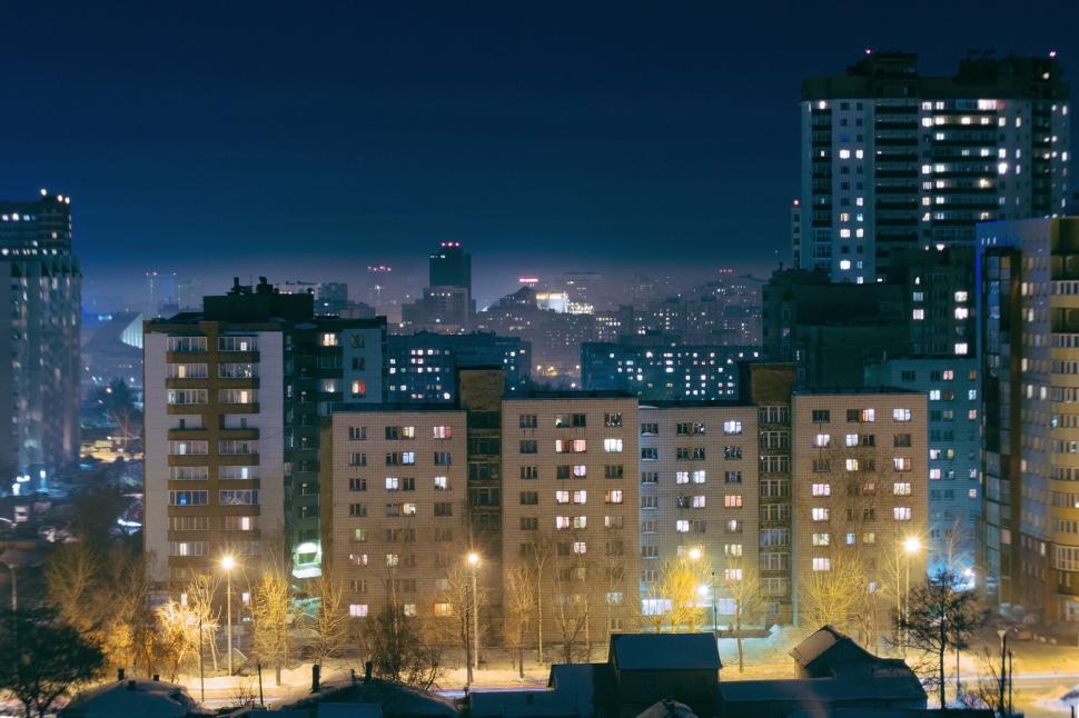 Free Image of Night Cityscape With Illuminated Buildings. 