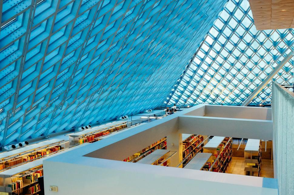 Free Image of Interior of a Large Library With a Skylight 