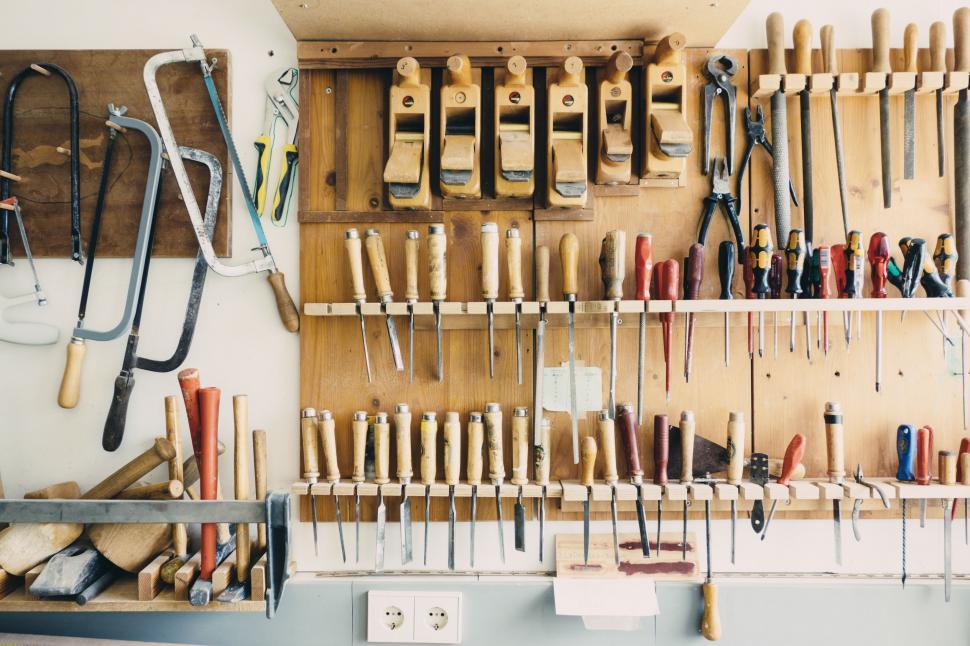 Free Image of Assorted Tools Hanging on Wall 