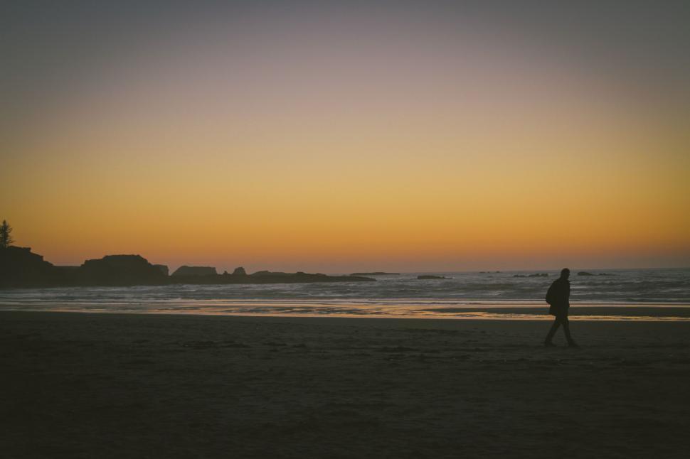 Free Image of Person Walking on Beach at Sunset 