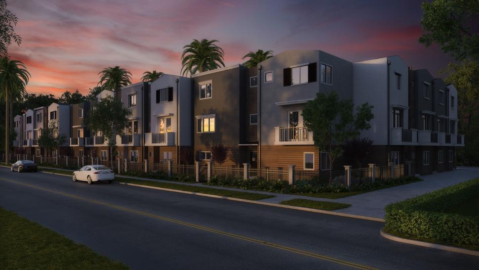 Free Image of Rendering of a Row of Townhouses at Dusk 