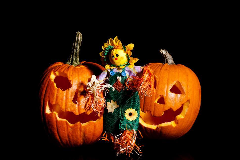 Free Image of Scarecrow standing with Pumpkins 