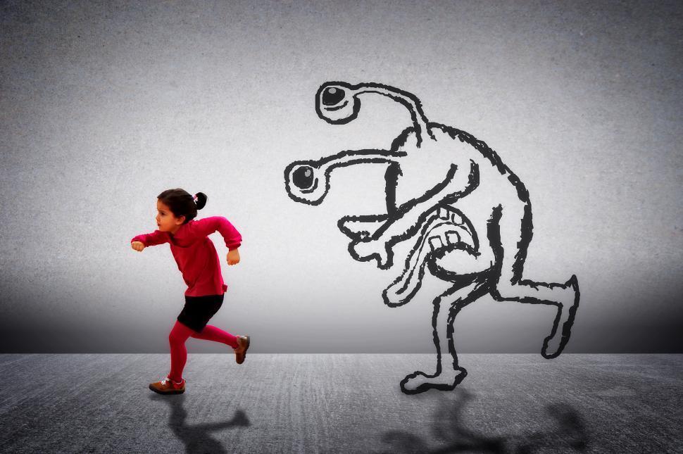 Download Free Stock Photo of Little cute child running away from a monster 
