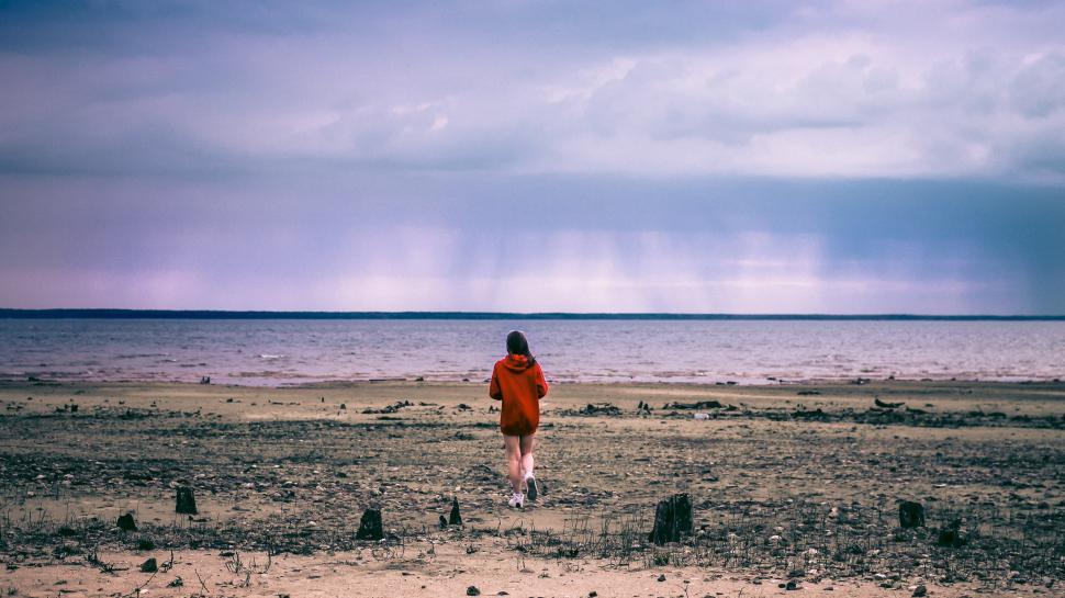 Free Image of Person in Red Jacket Standing on Beach 