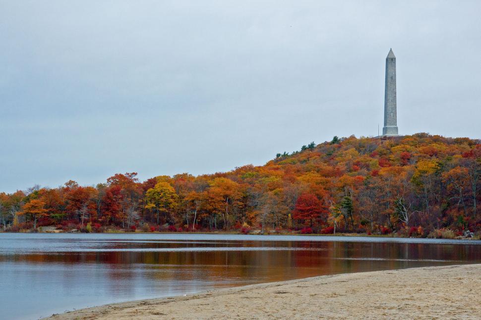 Download Free Stock Photo of High Point Monument From Beach At Lake Marcia 
