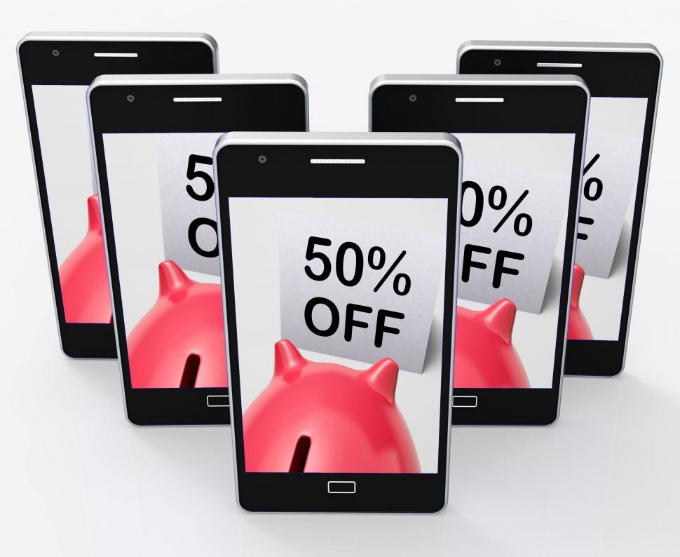 Free Image of Fifty Percent Off Piggy Bank Shows 50 Half-Price Promotion 