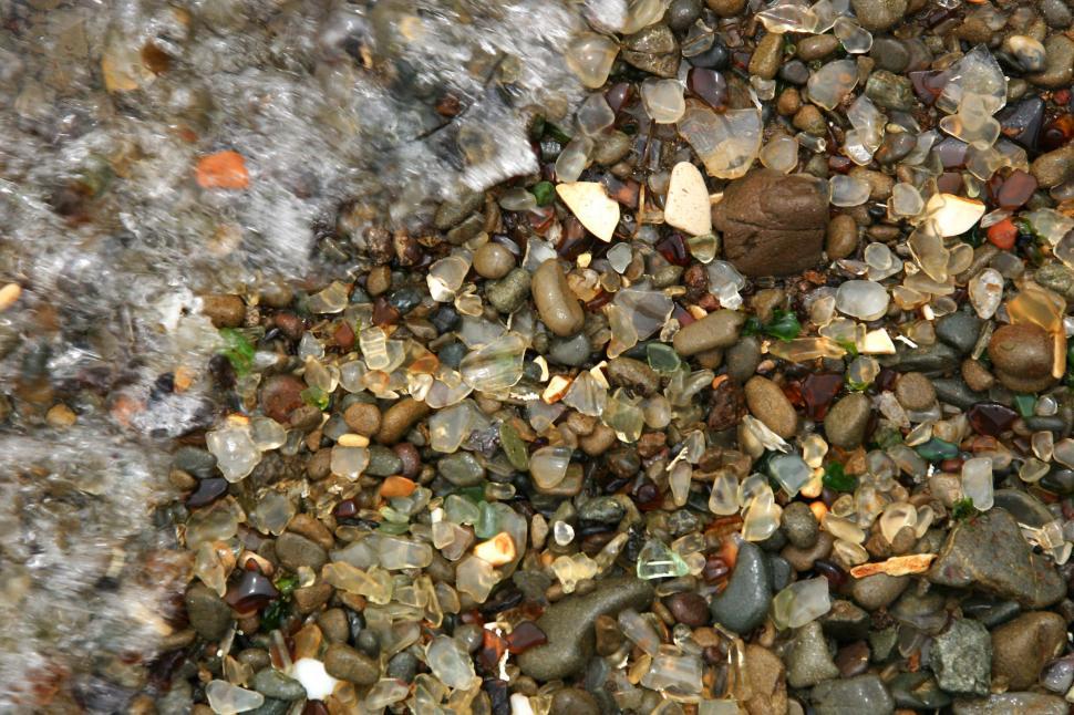 Free Image of beach fort bragg california shore ocean wave rocks sea shoreline coast coastal pacific glass gravel tumbled water landfill trash garbage 