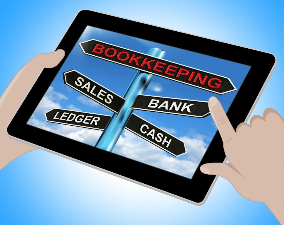 Download Free Stock Photo of Bookkeeping Tablet Means Sales Ledger Bank And Cash 