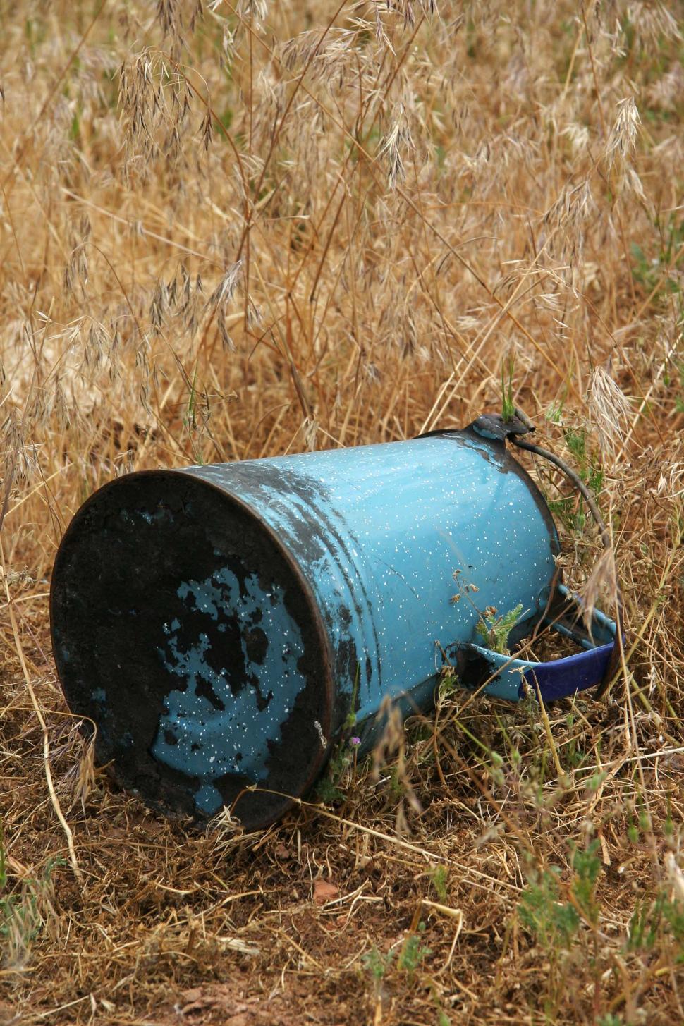 Free Image of grasses grass dried dead weeds camp camping kettle teapot enamel blue trash garbage waste litter 
