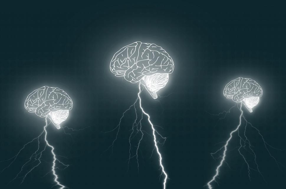 Free Image of Brainstorm - Three brains with lightning bolts 