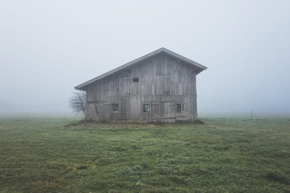 Free Image of Barn in a Field on a Foggy Day 