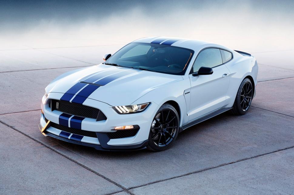 Free Image of White Mustang With Blue Stripe 