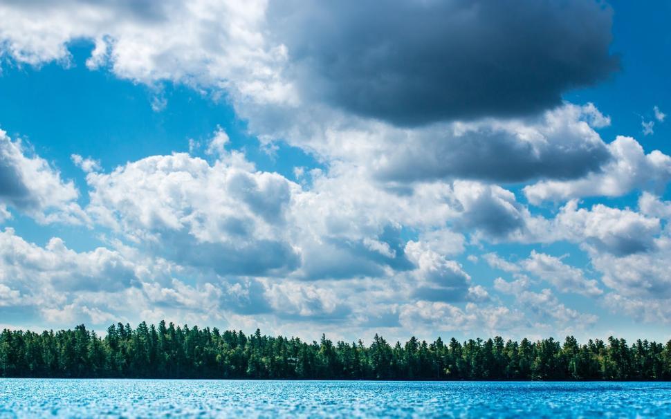 Free Image of Water Surrounded by Trees Under a Cloudy Blue Sky 