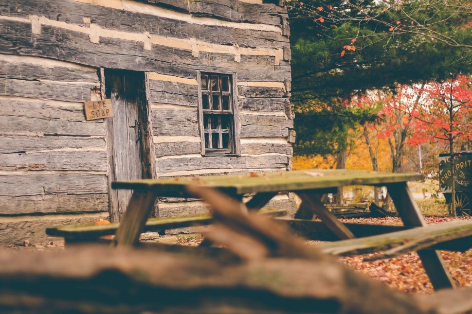 Free Image of Log Cabin With Picnic Table 
