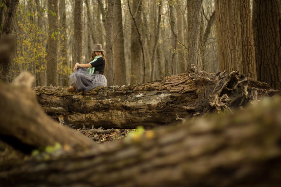 Free Image of Woman Sitting on Log in Forest 