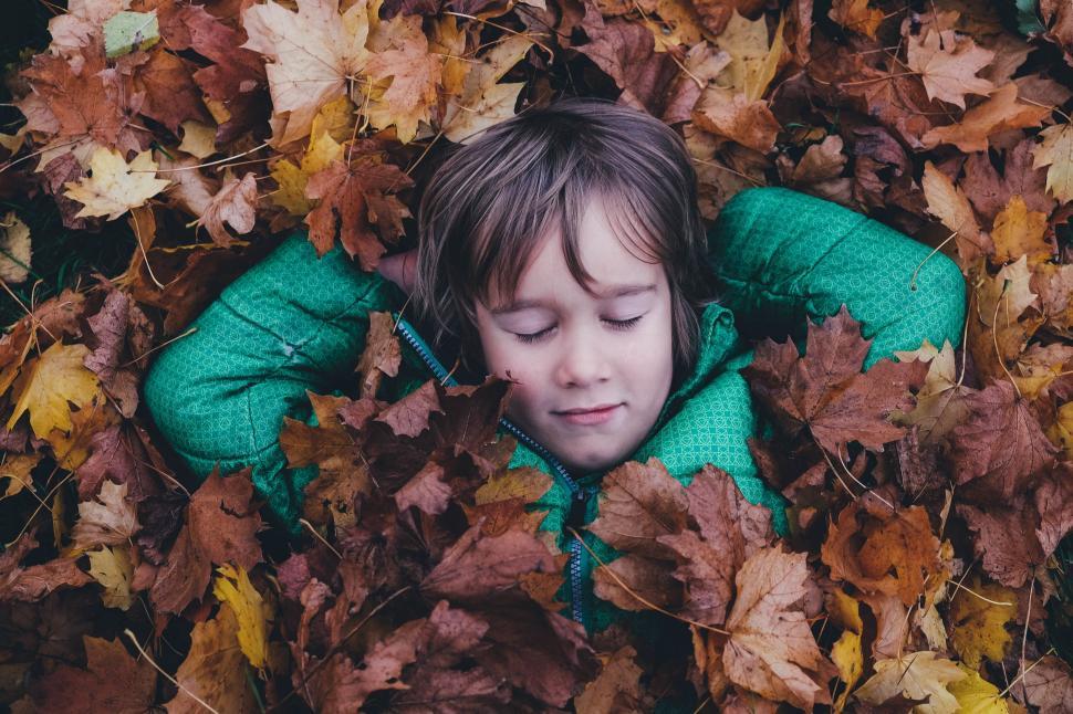 Free Image of Young Boy Laying in Pile of Leaves 