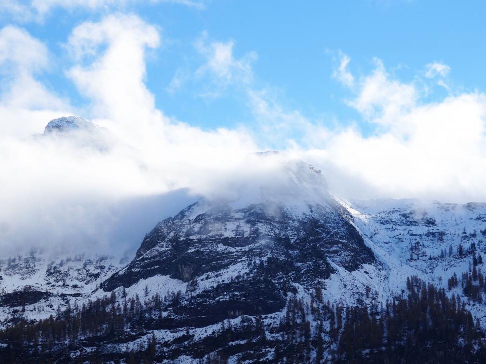 Free Image of Snow-Covered Mountain Under Cloudy Blue Sky 