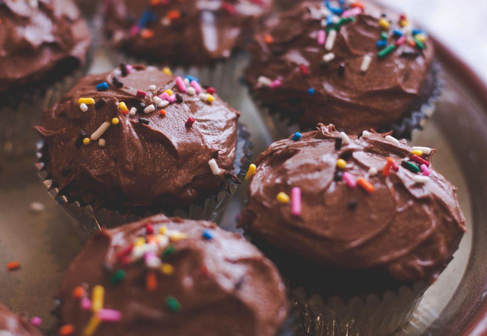 Free Image of Chocolate Cupcakes With Chocolate Frosting and Sprinkles 