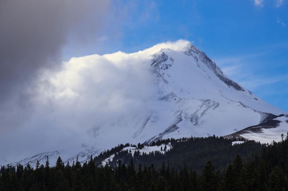 Free Image of Snow Covered Mountain Overlooking Trees 