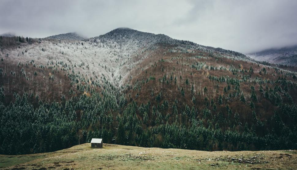 Free Image of Small Cabin on Grassy Hill With Mountain Background 