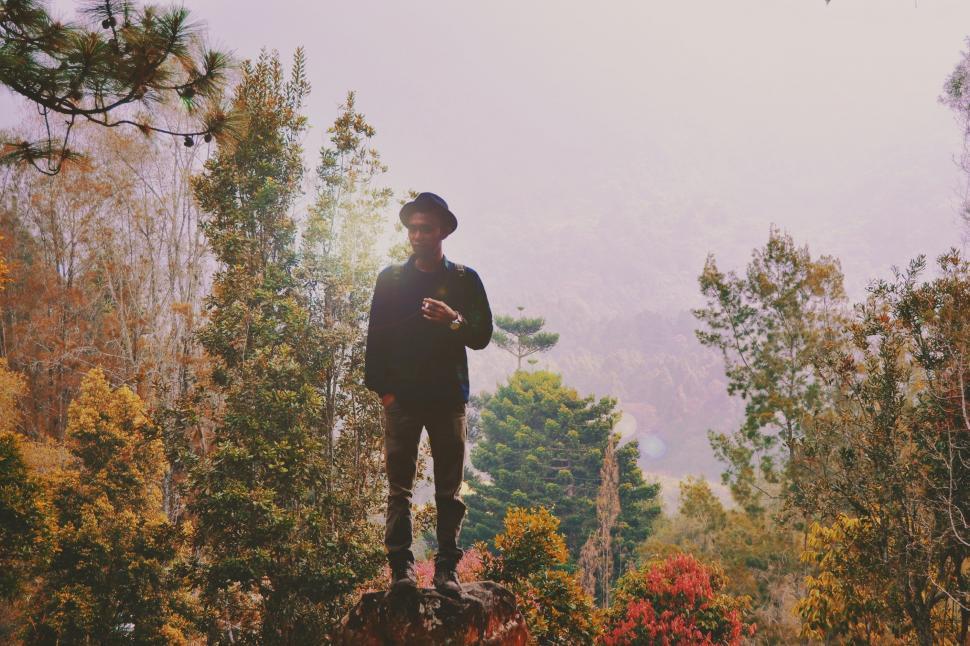 Free Image of Man Standing on Rock in Woods 
