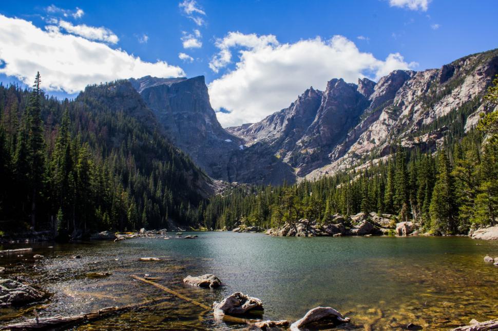 Free Image of Mountain Lake Surrounded by Trees and Rocks 