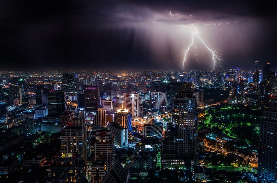 Free Image of Lightning Strike Over City at Night 
