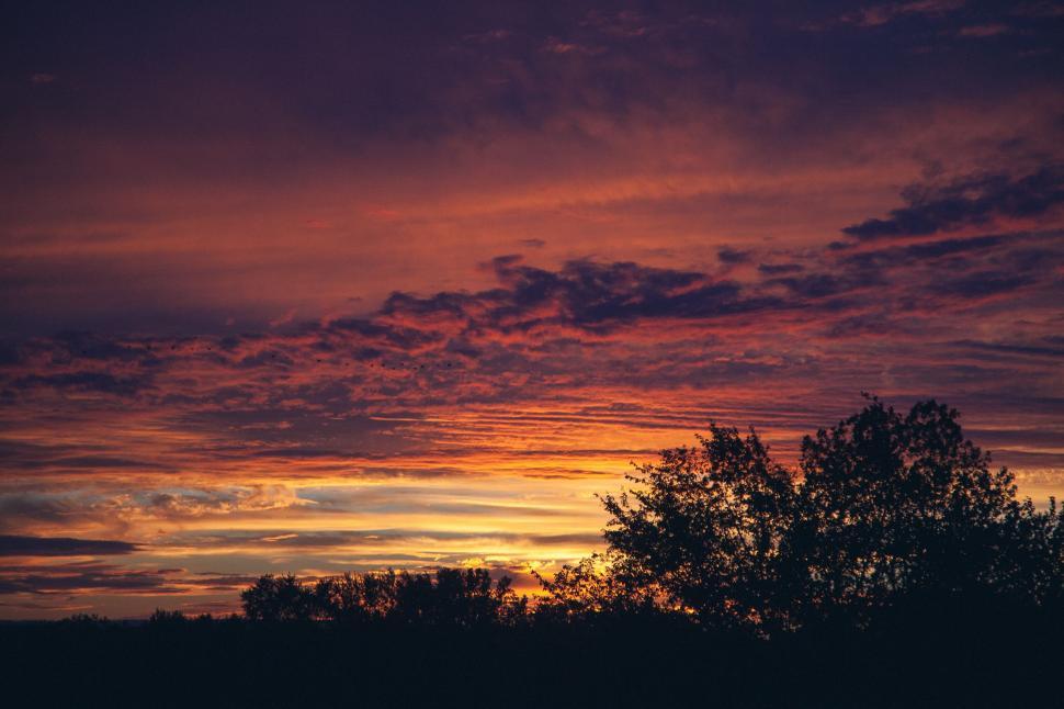 Free Image of Vibrant Sunset With Clouds and Trees 