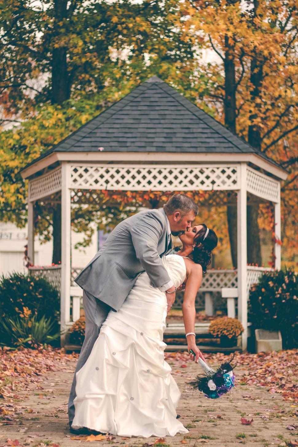 Free Image of Bride and Groom Kissing in Front of Gazebo 