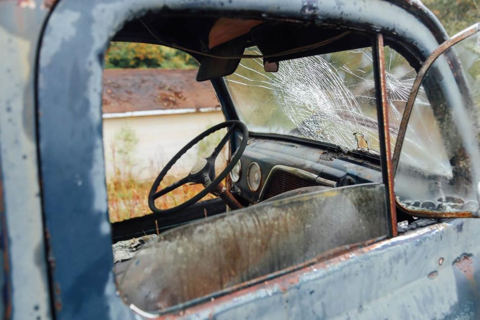 Free Image of Old Blue Truck With Broken Windshield 