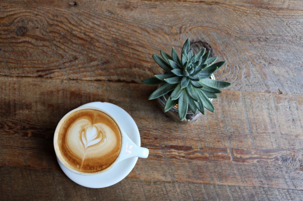 Free Image of A Cup of Coffee on a Wooden Table Next to a Potted Plant 