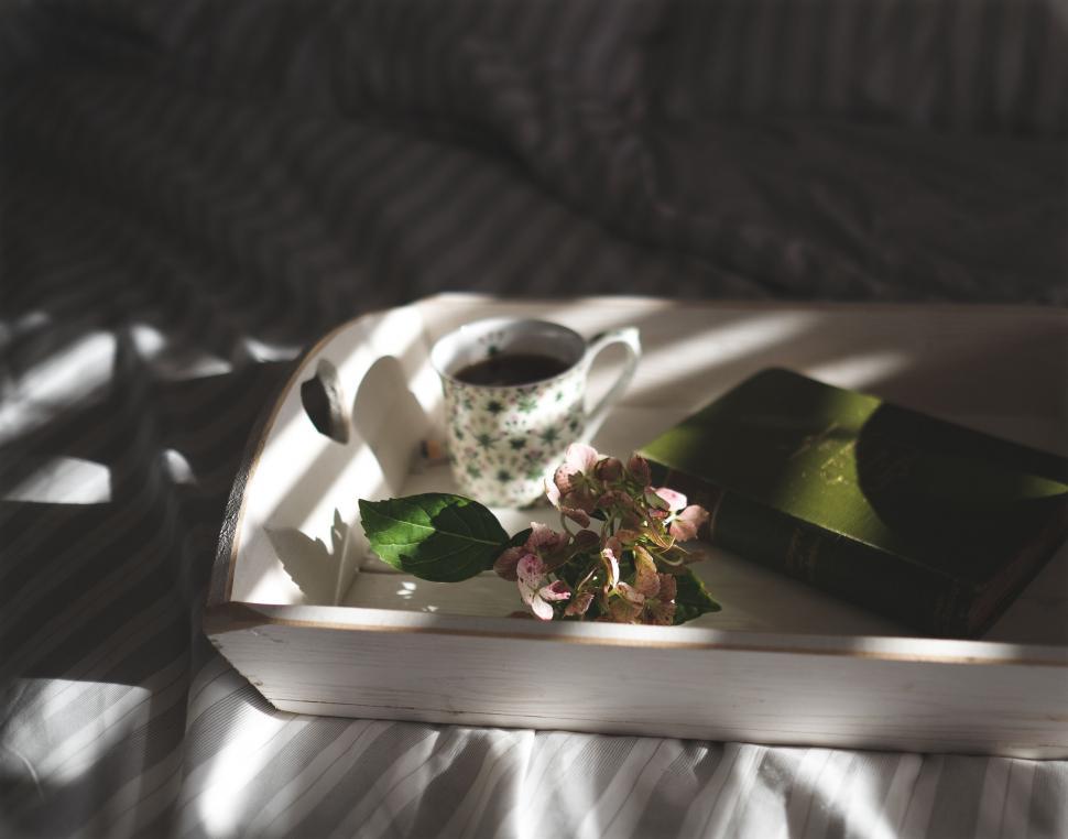 Free Image of Tray With Coffee Cup and Book on Bed 