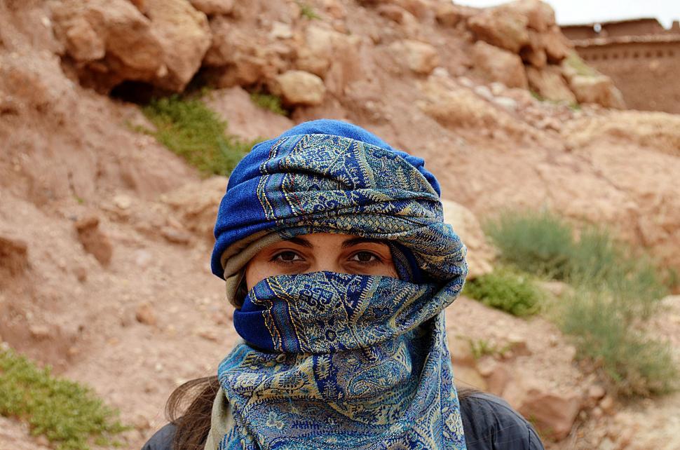 Free Image of Woman Wearing Blue Scarf on Head 